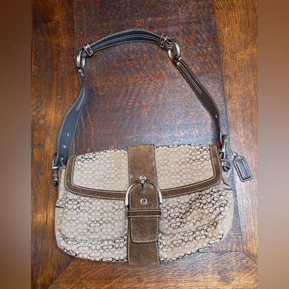 Vtg Coach Soho Signature Flap Shoulder Bag #1463 Brown Suede Y2K Monogram
